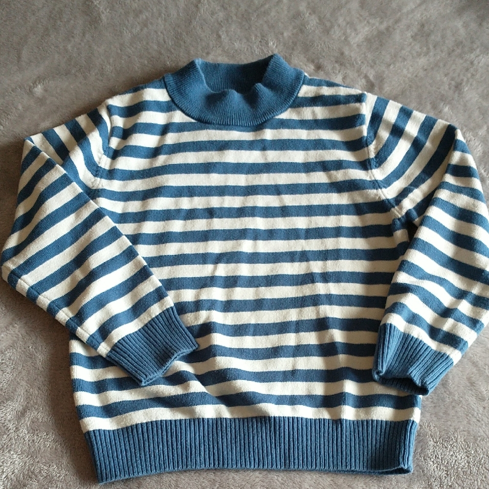 Cotton Striped Blue and Cream Crewneck Sweater - Unbranded
